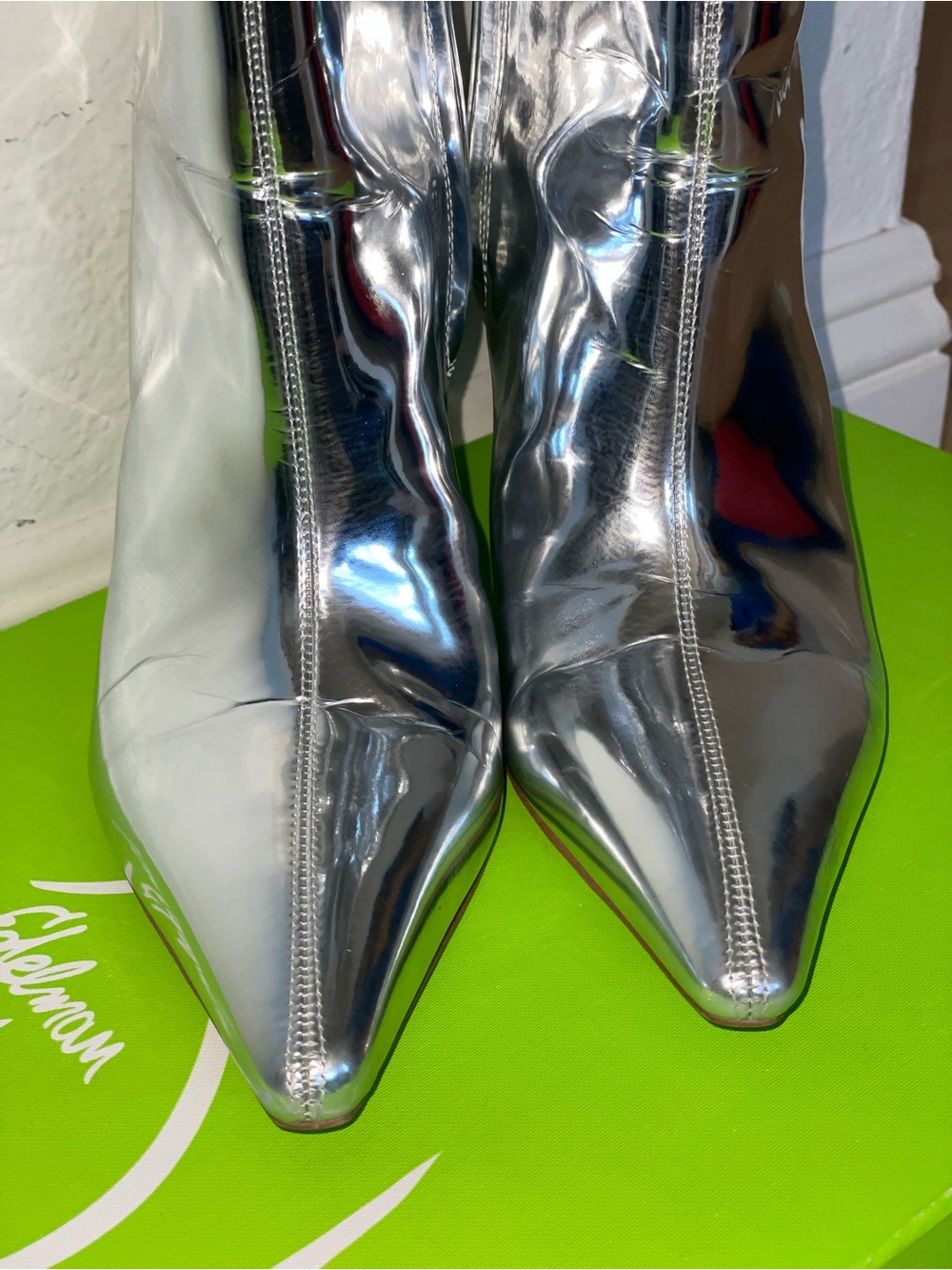 Sam Edelman Vance 2 Knee High Boots Soft Silver Metallic Pointed Toe Block Heel - Picture 8 of 16